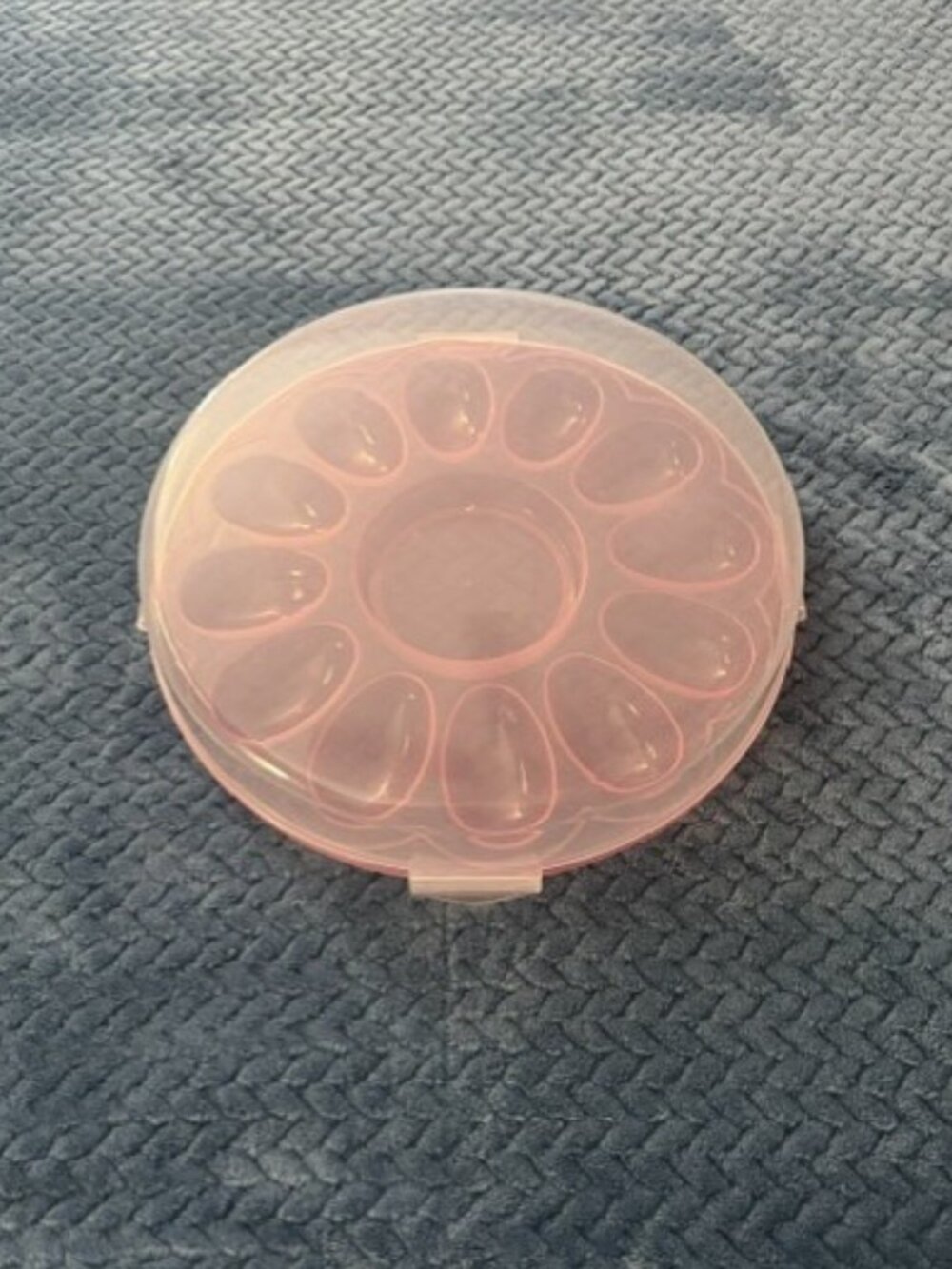 Round Pastel Pink Deviled Egg Carrier with Locking Lid – Holds 12 Eggs